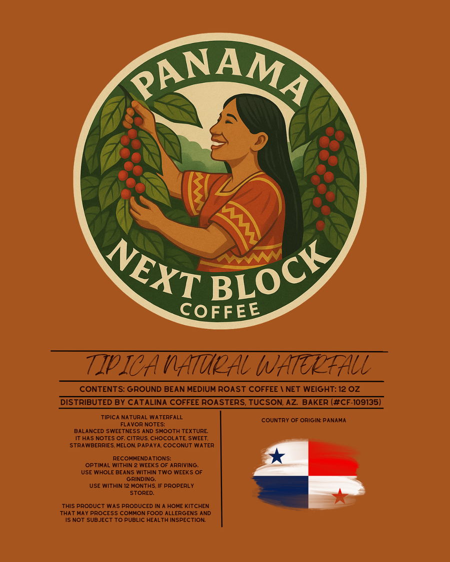 Panama Tipica Natural Waterfall Special Edition coffee label